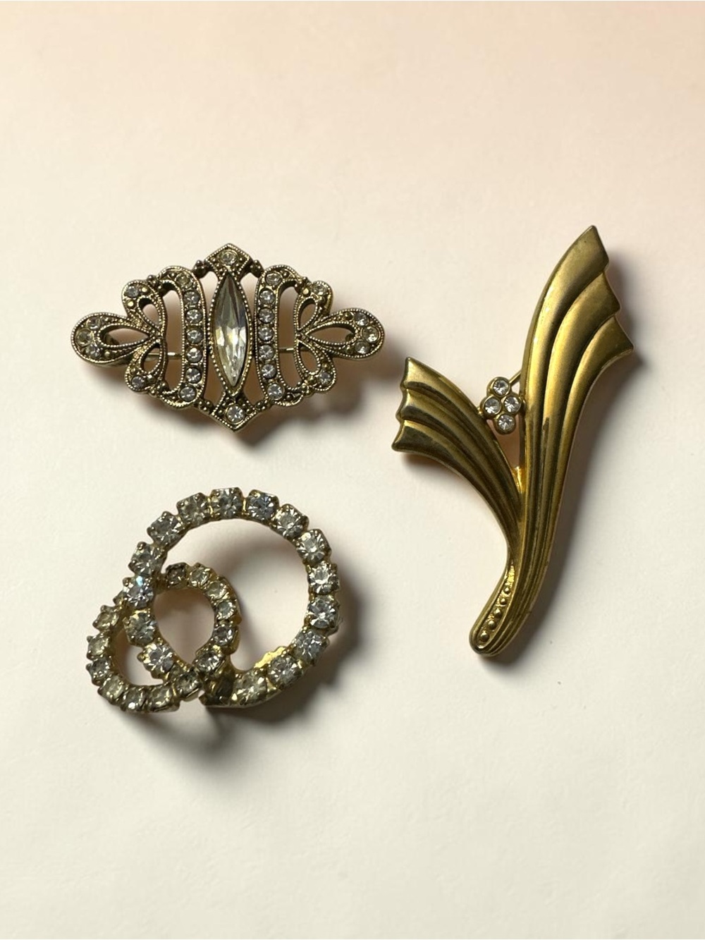 Gold-Tone and Clear Crystal Brooch Trio - Elegant Women's Jewelry